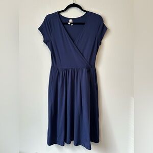 Pact Fit and Flare Crossover Dress Size M Blue Cotton